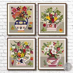 Cross stitch Set 4 patterns Flower vase PDF, cross stitch, Beautiful bouquet, Instant design download. Digital PDF 366