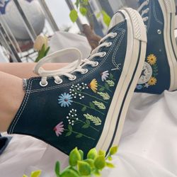 Custom Colorful Chrysanthemum Garden,Embroidered Sneakers,Converse Chuck Taylor 1970s Embroidery,