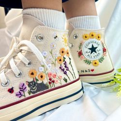 Custom Converse Pet,Embroidered Converse High Tops Butterfly Cat And Sweet Sunflower Garden