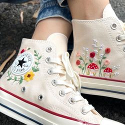 Embroidered Rose And Mushroom Garden,Converse High Tops Chuck Taylor1970,FlowerConverse,Gift For Her