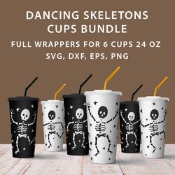 Dancing skeletons cups 24 oz, Full wrappers for Halloween cups, 6 designs in SVG, EPS, DXF, PNG formats