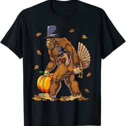 bigfoot pilgrim turkey pumpkin thanksgiving day boys men t-shirt