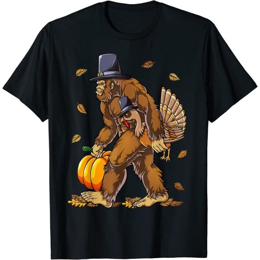 Bigfoot Pilgrim Turkey Pumpkin Thanksgiving Day Boys Men T-Shirt-1.jpg