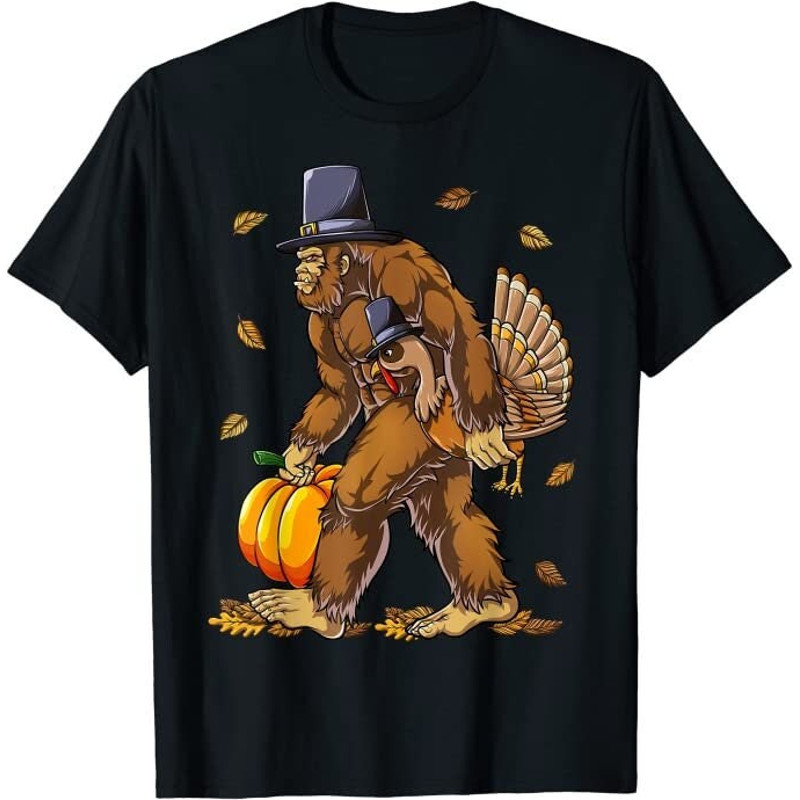 Bigfoot Pilgrim Turkey Pumpkin Thanksgiving Day Boys Men T-Shirt-1.jpg