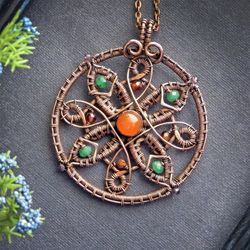 Mandala copper pendant, wire wrap jewelry,