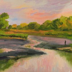 ORIGINAL OIL PAINTING River Lake landscape sunset picture on the wall