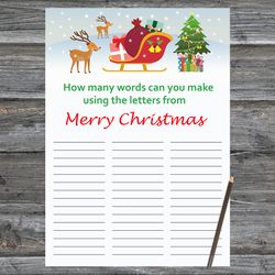 Christmas party games,How Many Words Can You Make From Merry Christmas,Santa reindeer Christmas Trivia Game Cards