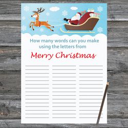 Christmas party games,How Many Words Can You Make From Merry Christmas,Santa claus reindeer Christmas Trivia Game Cards
