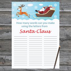 Christmas party games,How Many Words Can You Make From Santa Claus,Santa claus reindeer Christmas Trivia Game Cards