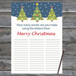 Christmas party games,How Many Words Can You Make From Merry Christmas,Christmas tree Christmas Trivia Game Cards