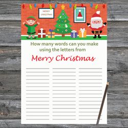 Christmas party games,How Many Words Can You Make From Merry Christmas,Happy Santa and Gnome Christmas Trivia Game Cards