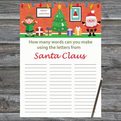 Christmas party games,How Many Words Can You Make From Santa Claus,Happy Santa and Gnome Christmas Trivia Game Cards