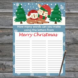 Christmas party games,How Many Words Can You Make From Merry Christmas,Christmas deers Christmas Trivia Game Cards