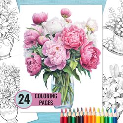 Flower Bouquet in Vase Coloring Book, 24 Printable PDF Pages for Adults, Grayscale Coloring Page, Instant Download