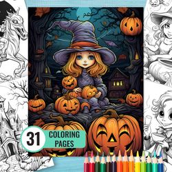 Halloween Coloring Pages, 31 Printable Spooky Page for Kids and Adult, Witch Grayscale Coloring Book, Instant Download