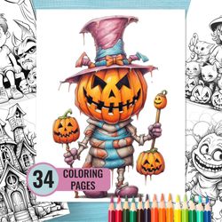 Halloween Coloring Book, 34 Printable Coloring Pages for Kids and Adult, Grayscale Coloring Page, Instant Download