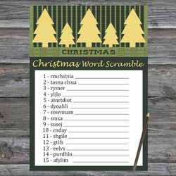 Christmas party games,Christmas Word Scramble Game Printable,Gold Christmas tree Christmas Trivia Game Cards