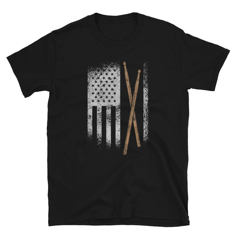 USA Flag and Drum Sticks Drummer Unisex T-Shirt.jpg