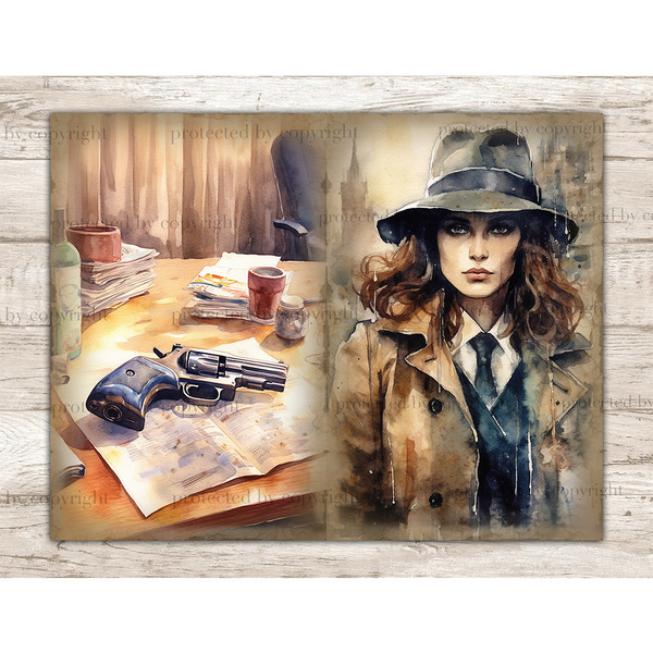 Detective Junk Journal Pages, Woman Ephemera, GlamArtZhanna, Detective Notebook, Lady Picture Collage, Police Office Collage Sheets, Detective Desk Illustration