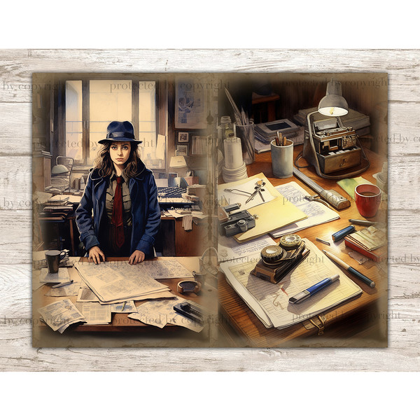Detective Junk Journal Pages, Woman Ephemera, GlamArtZhanna, Detective Notebook, Lady Picture Collage, Police Office Collage Sheets, Detective Desk Illustration