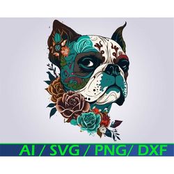 french bulldog sugar skull svg digital download, frenchie png as sugar skull, french bulldog clip art, sugar skull style