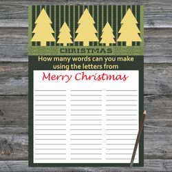 Christmas party games,How Many Words Can You Make From Merry Christmas,Gold Christmas tree Christmas Trivia Game Cards