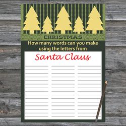 Christmas party games,How Many Words Can You Make From Santa Claus,Gold Christmas tree Christmas Trivia Game Cards