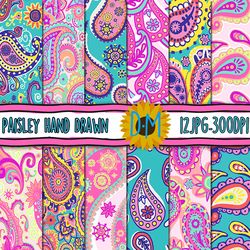 paisley seamless patterns, hand drawn paisley digital paper set for scrapbooking and crafting, floral background