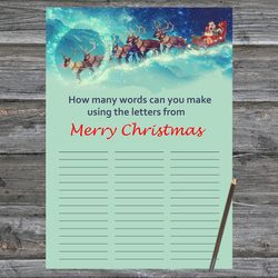 Christmas party games,How Many Words Can You Make From Merry Christmas,Santa's sleigh fly Christmas Trivia Game Cards