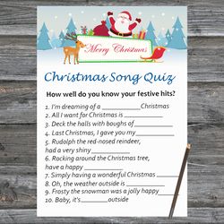 Christmas party games,Christmas Song Trivia Game Printable,Happy Santa and reindeer Christmas Trivia Game Cards