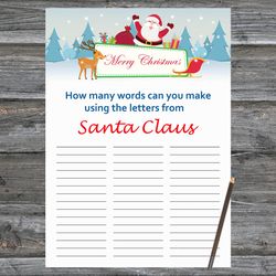 Christmas party games,How Many Words Can You Make From Santa Claus,Happy Santa and reindeer Christmas Trivia Game Cards