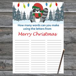 Christmas party games,How Many Words Can You Make From Merry Christmas,Christmas Raccoon Trivia Game Cards