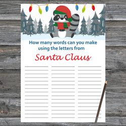 Christmas party games,How Many Words Can You Make From Santa Claus,Christmas Raccoon Trivia Game Cards