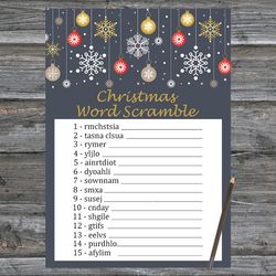 Christmas party games,Christmas Word Scramble Game Printable,Golden snowflakes and toys Christmas Trivia Game Cards