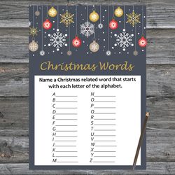 Christmas party games,Christmas Word A-Z Game Printable,Golden snowflakes and toys Christmas Trivia Game Cards