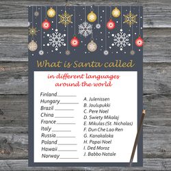 Christmas party games,Christmas Around the World Game Printable,Golden snowflakes and toys Christmas Trivia Game Cards