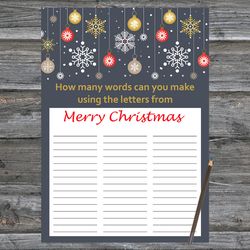 Christmas party games,How Many Words Can You Make From Merry Christmas,Golden snowflakes and toys Christmas Trivia Game