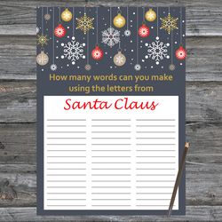 Christmas party games,How Many Words Can You Make From Santa Claus,Golden snowflakes and toys Christmas Trivia Game Card