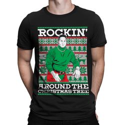 rockin around the xmas tree merry christmas the rock johnson punny festive happy holidays singing xmas carols men's t-sh