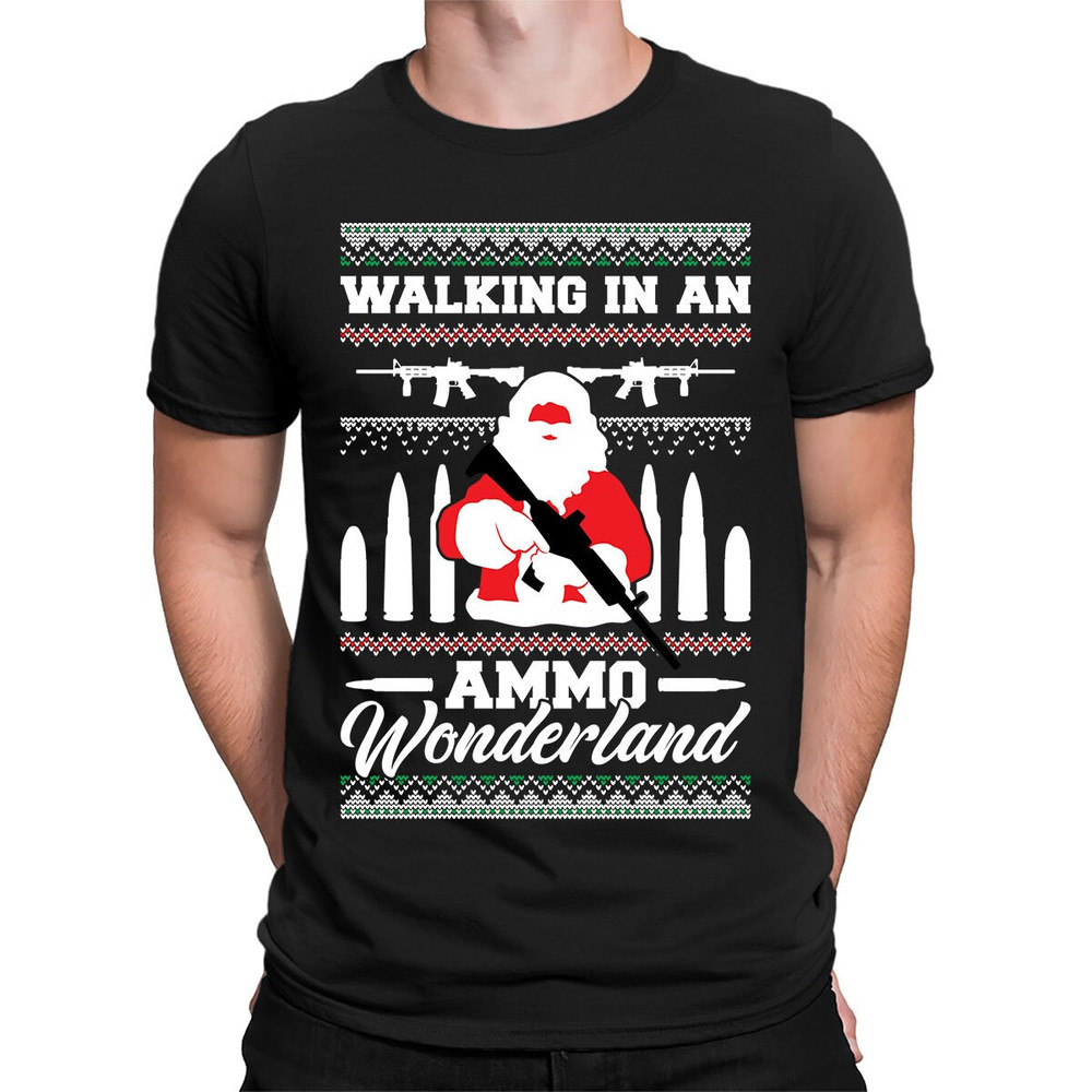 Walking In An Ammo Wonderland Awesome Santa Claus With Gun Happy Holidays Merry Christmas Gun Rights Carry License Men's T-shirt OSF-0167.jpg