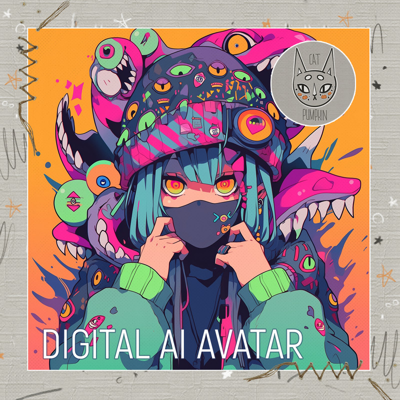 Abstract illustration with girl and monsters, Anime girl avatar, monster, digital AI art
