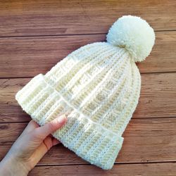 Easy crochet hat brim with pom pom for women winter pattern Crochet beanie hat ribbing for adult video tutorial beginner