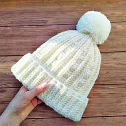 easy crochet hat brim with pom pom for women winter pattern crochet beanie hat ribbing for adult video tutorial beginner