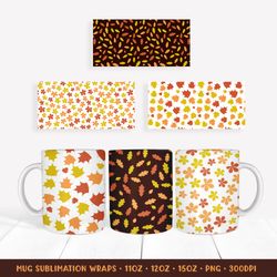 Fall Leaves Pattern Mug Sublimation Wrap. 3 Autumn Mug Wrap Designs