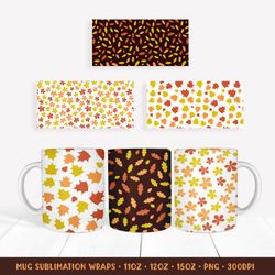 fall leaves pattern mug sublimation wrap. 3 autumn mug wrap designs