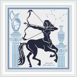 Cross stitch pattern Centaur Greek mythical horse man silhouette Sagittarius Zodiac ancient Greece monochrome PDF