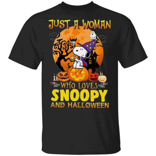 Just A Woman Who Loves Snoopy And Halloween T-Shirt.jpg