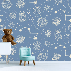 Outer Space Blue Wallpaper Childish Stars Mural Kids Wallpaper