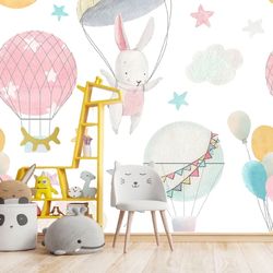Playful Bunny Parachute Wall Mural Kids Room Decor