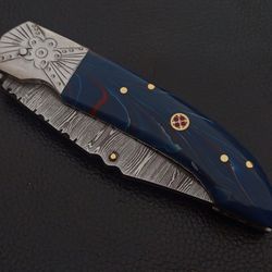 damascus steel custom made pocket folding knife resin handle w/sheath